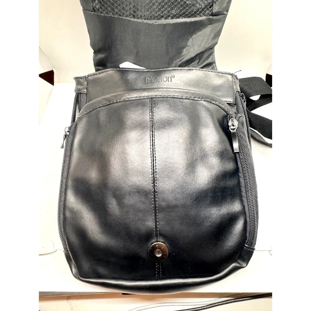 Buxton Black Genuine Leather Crossbody Bag Messenger Travel Multi-Pocket‎ Slim